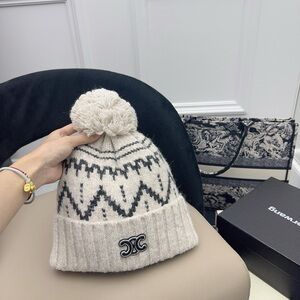 Cream and Black Knit Beanie with Pom Pom